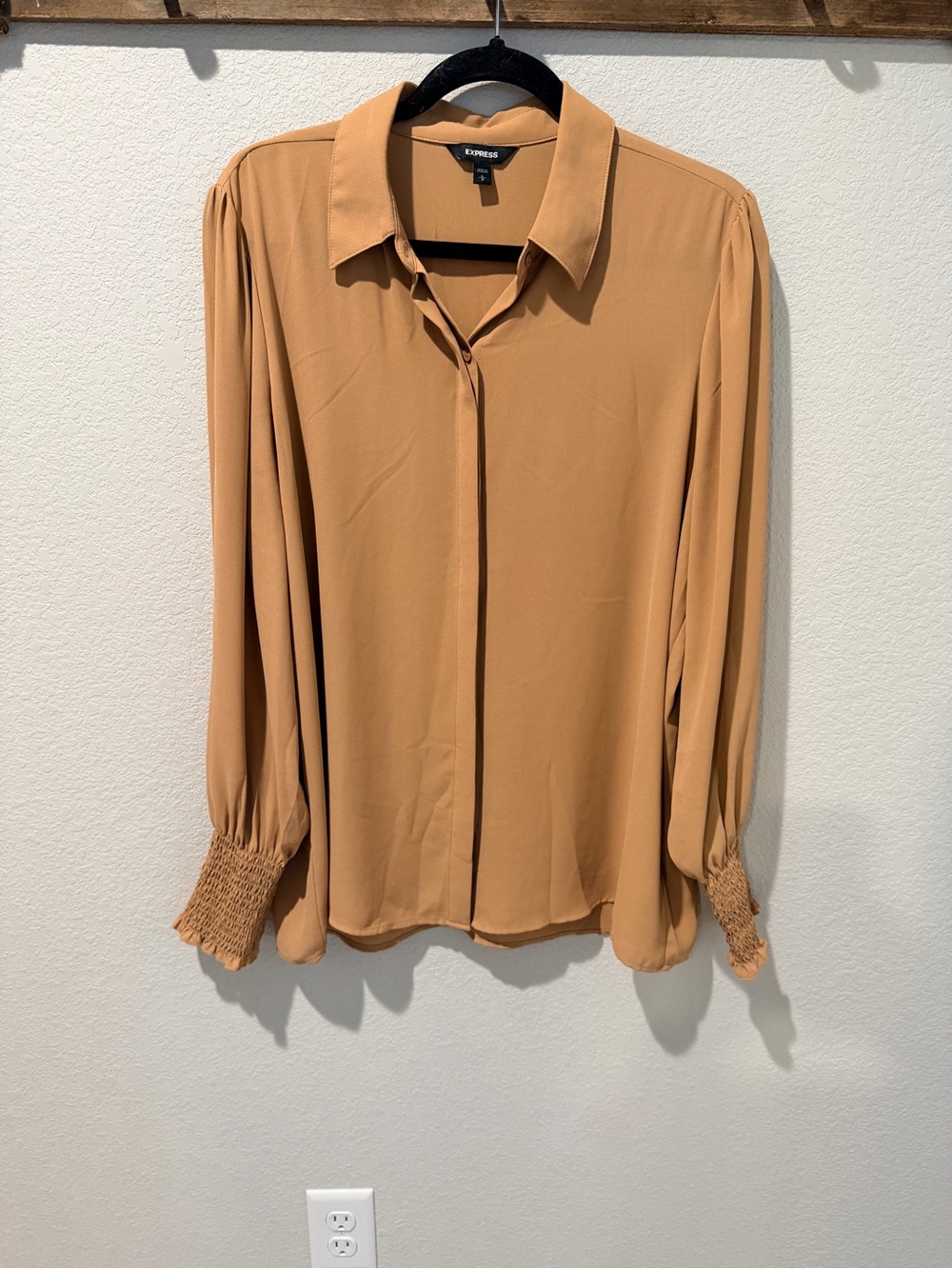 Express Long-Sleeve Button-Front Blouse in Camel Tan